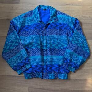 Vintage 90's Fuda International Blue Silk Patterned Shell Bomber Jacket Sz XL